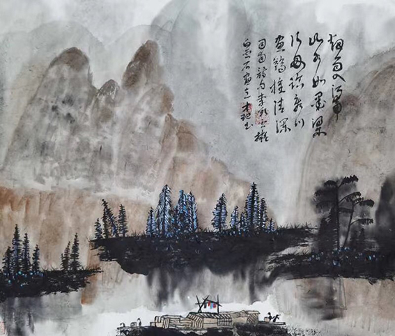 颜才现题 李彩云拟白云石画意 司南诗句《烟雨入江南 山水如墨染  行舟临秀川 画鷁堆清澜》